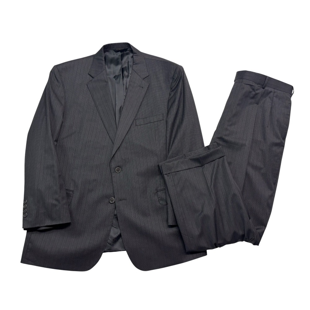 Jos A Bank 46R 40x32 Charcoal Pinstripe 2pc Pant Suit Signature Gold Pleated
